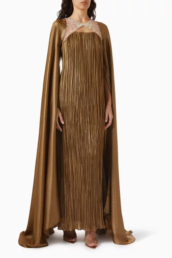 Cape-sleeve Pleated Maxi Dress in Crushed Satin