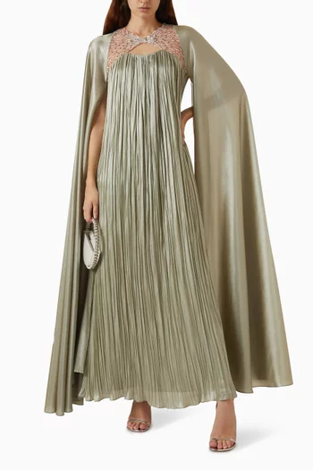 Cape-sleeve Pleated Maxi Dress in Crushed Satin