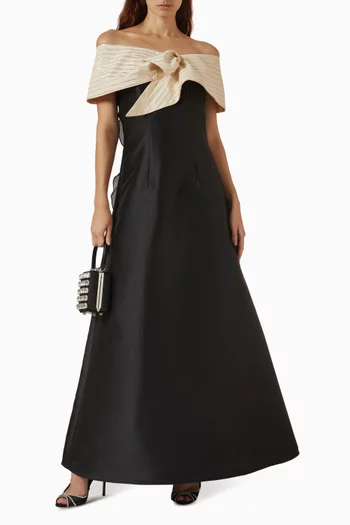 Striped Jacquard Off-shoulder Maxi Dress in Satin