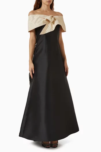 Striped Jacquard Off-shoulder Maxi Dress in Satin