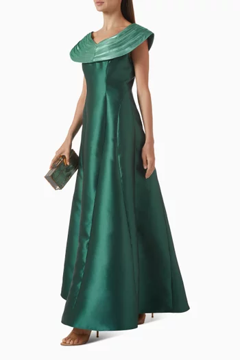 Panelled Off-shoulder Maxi Dress in Satin