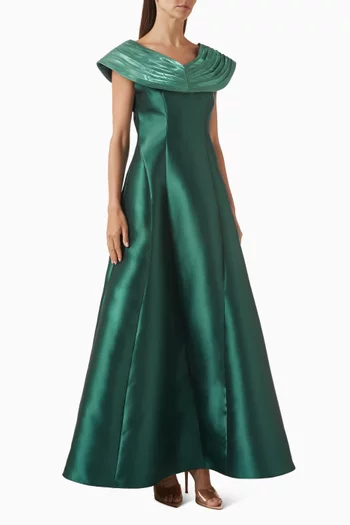 Panelled Off-shoulder Maxi Dress in Satin