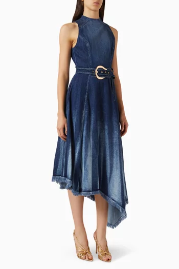 Asymmetrical Belted Midi Dress in Denim