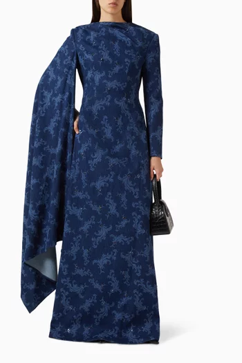 Printed Draped Maxi Dress in Denim