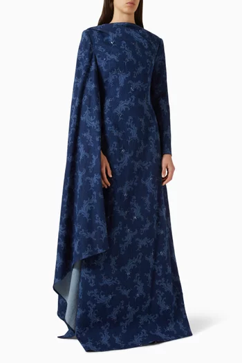 Printed Draped Maxi Dress in Denim