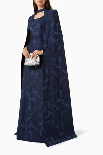 Printed Cape Maxi Dress in Denim