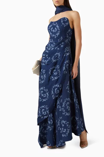Printed Scarf Maxi Dress in Denim