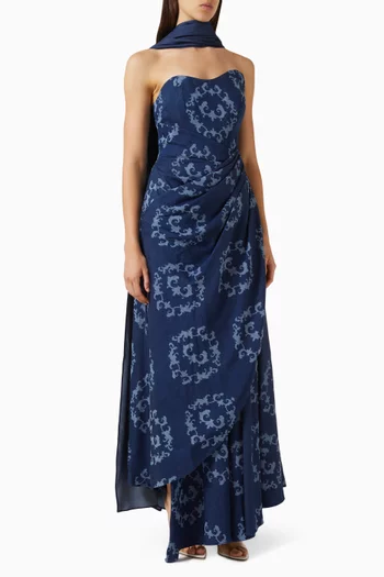 Printed Scarf Maxi Dress in Denim
