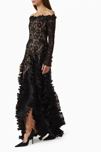 Off-shoulder Embroidered Gown in Lace