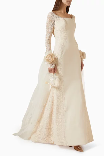 3D Organza Flower Embellished Gown in Crepe