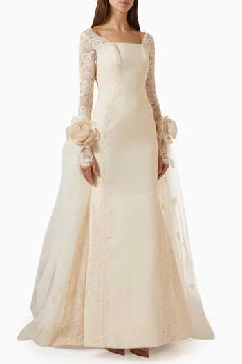 3D Organza Flower Embellished Gown in Crepe