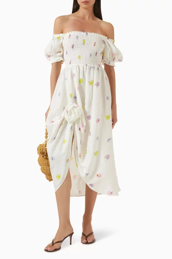Belle Rose Off-shoulder Midi Dress in Linen