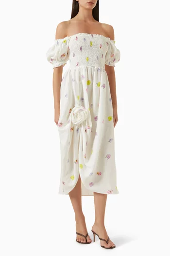 Belle Rose Off-shoulder Midi Dress in Linen