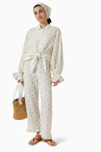 Printed Ruffled Lounge Pants in Linen