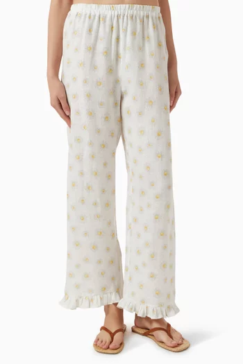 Printed Ruffled Lounge Pants in Linen