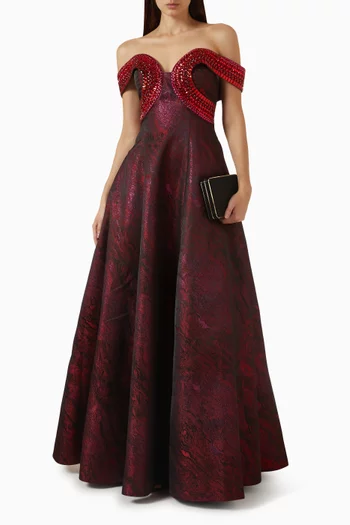 Jacquard Embellished Off-shoulder Gown