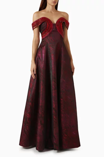 Jacquard Embellished Off-shoulder Gown