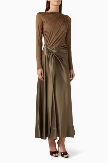 Shiren Gathered Dress in Jersey & Satin