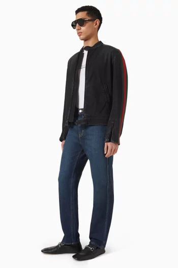 Web-stripe Biker Jacket in Cotton Denim