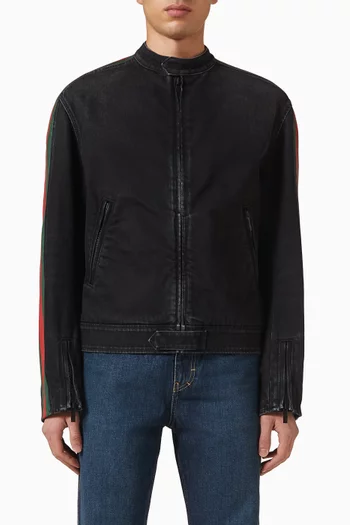 Web-stripe Biker Jacket in Cotton Denim