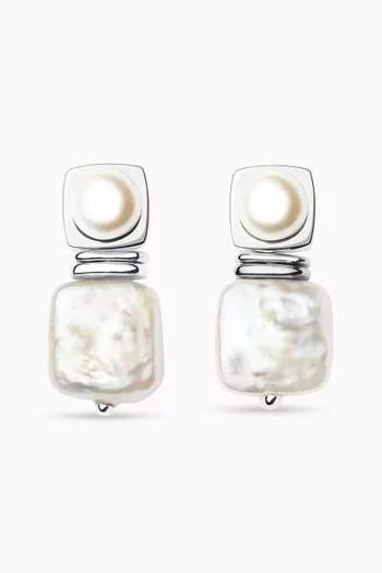 Square Pearl Drop Earrings in Recycled Silver