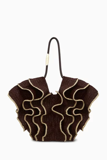 Medium Goldentime Ruffle Tote Bag in Raffia