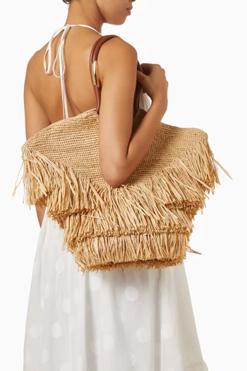 Medium Goldentime Fringe Tote Bag in Raffia