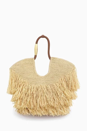 Small Goldentime Fringe Tote Bag in Raffia