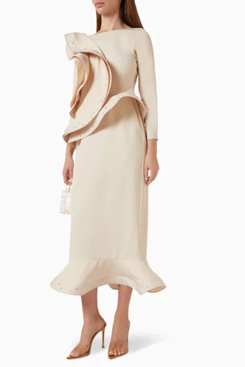 Embellished Ruffle Dress in Stretch-crepe