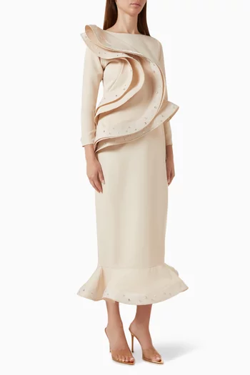 Embellished Ruffle Dress in Stretch-crepe