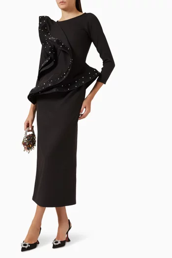 Embellished Ruffle Dress in Stretch-crepe