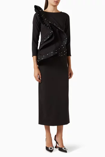 Embellished Ruffle Dress in Stretch-crepe