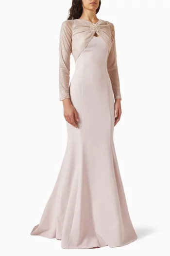 Embellished Sheer-sleeves Gown