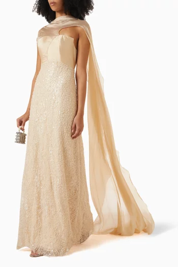 Sequin Embellished Cape Gown