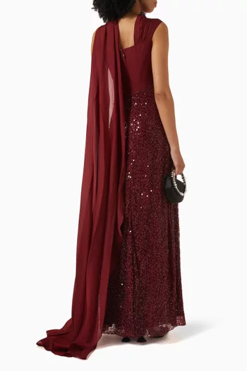 Sequin Embellished Cape Gown