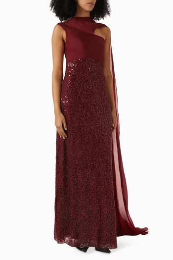 Sequin Embellished Cape Gown