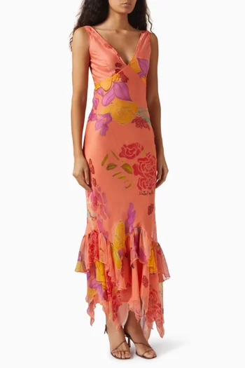 Guava Flores Maxi Dress in Silk
