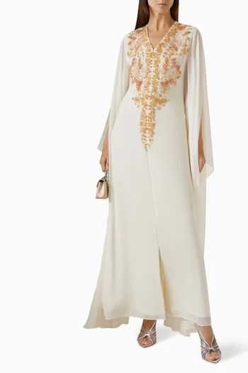 Floral-embroidered Cape Dress in Chiffon