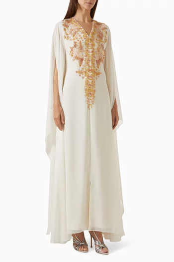 Floral-embroidered Cape Dress in Chiffon