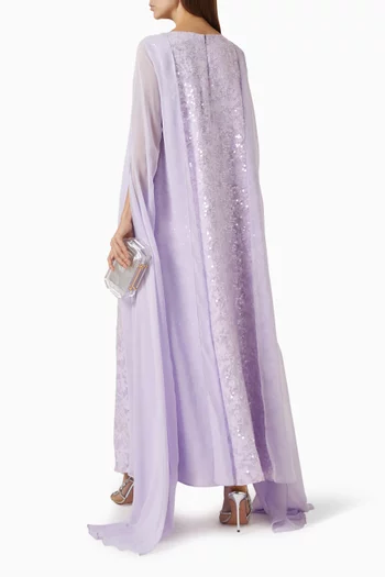 Embellished Cape Dress in Chiffon & Crepe