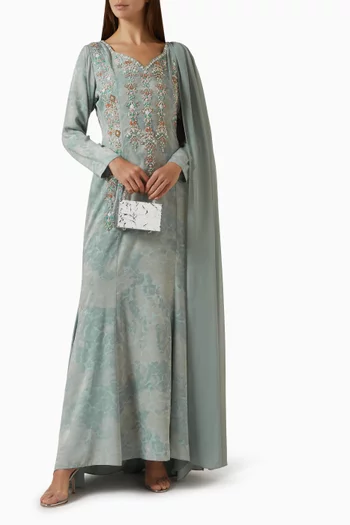 Embroidered Shawl Dress in Crepe