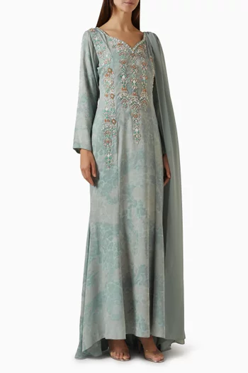 Embroidered Shawl Dress in Crepe