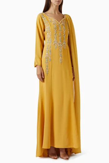 Embroidered Shawl Dress in Crepe