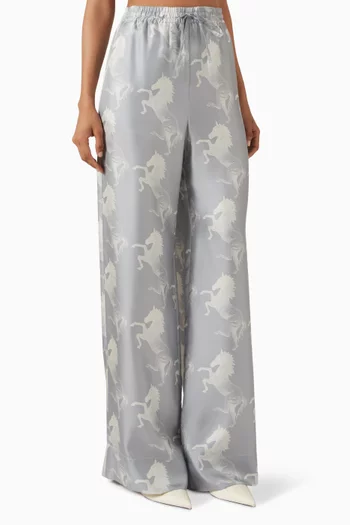Horse-print Wide-leg Pants in Silk-twill