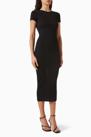 Ribbed Cap-sleeve Midi Dress in Cotton
