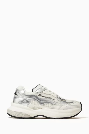Logo Sneakers in Metallic Leather & Mesh