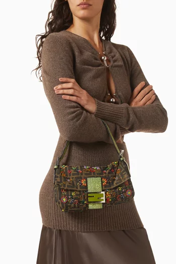 2000s Beaded Baguette Shoulder Bag in Zucca Canvas & Lizard Leather