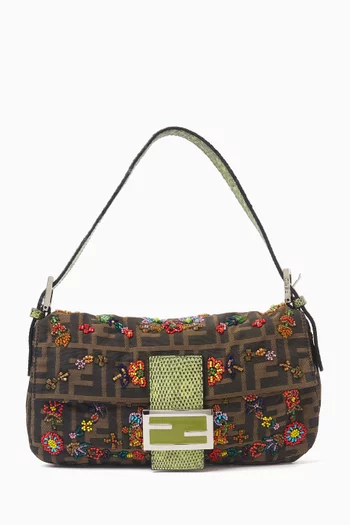 2000s Beaded Baguette Shoulder Bag in Zucca Canvas & Lizard Leather
