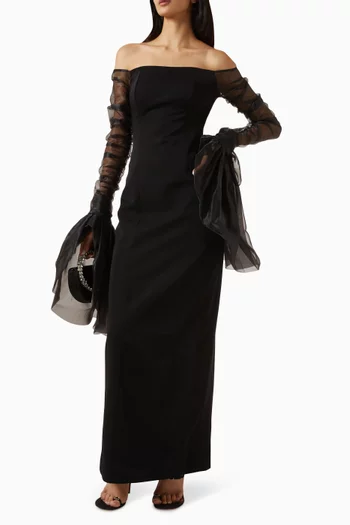 Off-shoulder Organza-sleeve Gown in Crepe