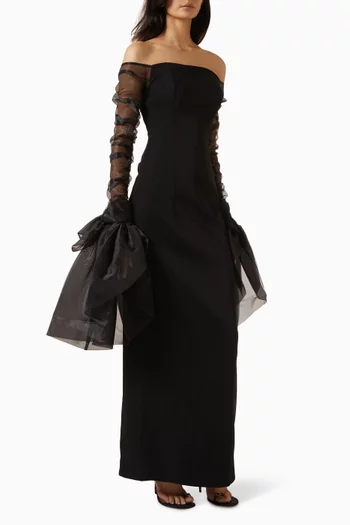 Off-shoulder Organza-sleeve Gown in Crepe